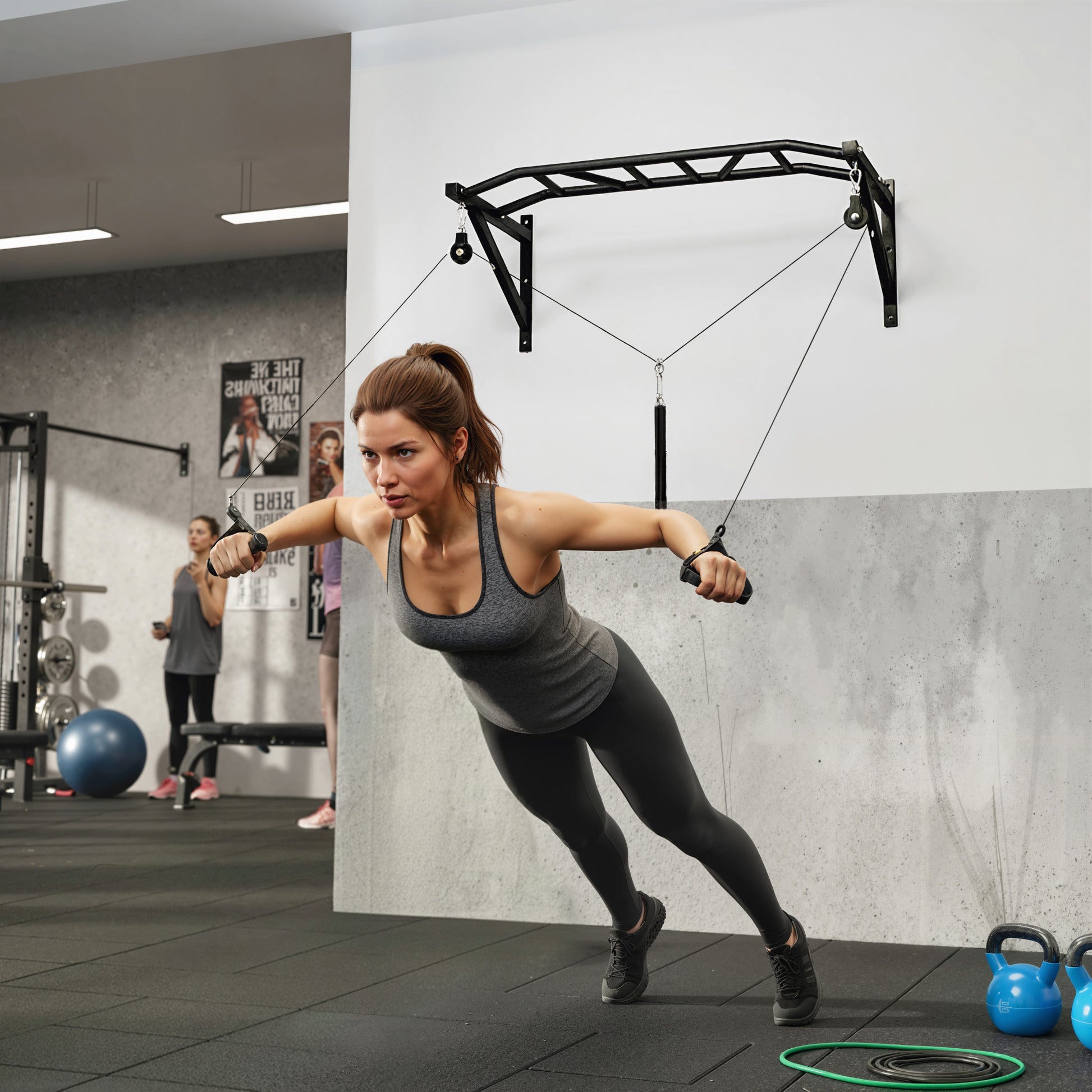 Barre de traction murale barre de fitness multi-prise système de poulie à câble charge 200kg, acier 126x60x45,5cm, noir