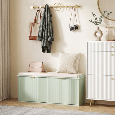 Banc à chaussures avec coussin d'assise rembourré et tiroir rabattable pour couloir, chambre, 104 x 26 x 47,5 cm, vert