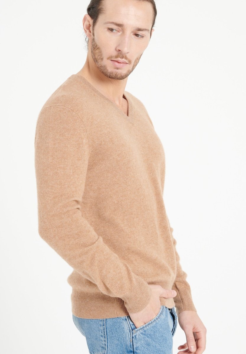 Pull col V homme en cachemire camel - LUKE 1
