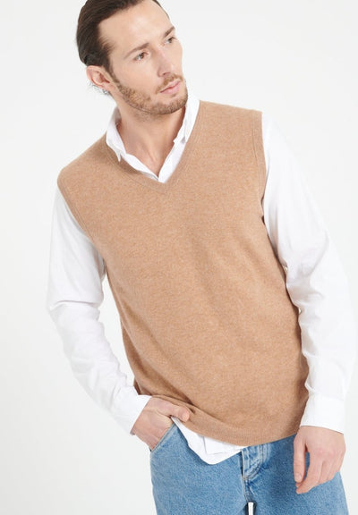 Pull col V sans manches homme en cachemire camel - LUKE 9