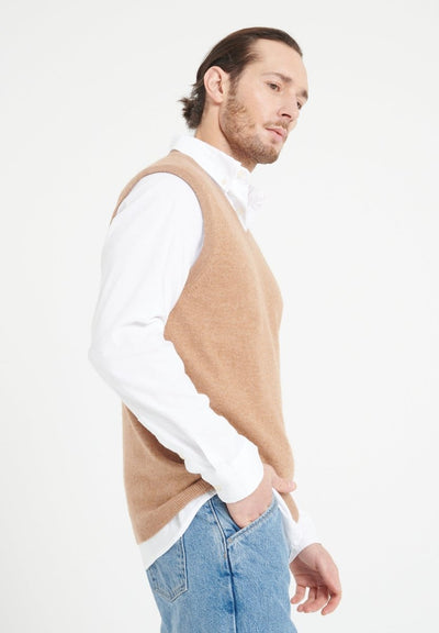 Pull col V sans manches homme en cachemire camel - LUKE 9