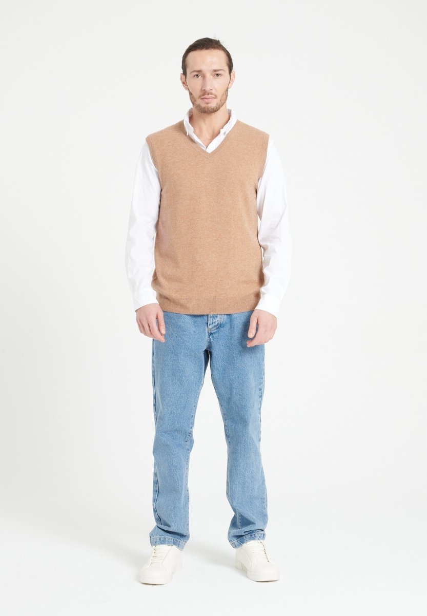 Pull col V sans manches homme en cachemire camel - LUKE 9