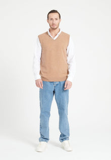 Pull col V sans manches homme en cachemire camel - LUKE 9