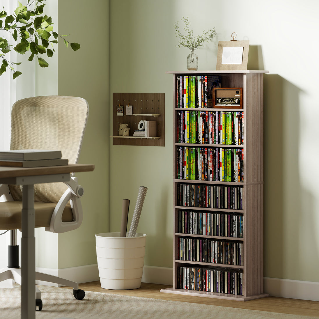 Rangements pour CD et DVD avec 8 compartiments et 6 étagères réglables, capacité max. 360 CD/185 DVD et Blu-ray, naturel Aosom