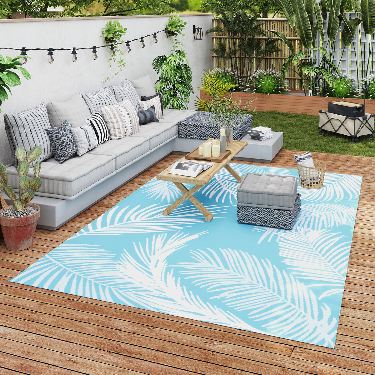 Tapis d'extérieur réversible 274x182 cm, tapis de sol en PP résistant aux intempéries, sac de transport, bleu