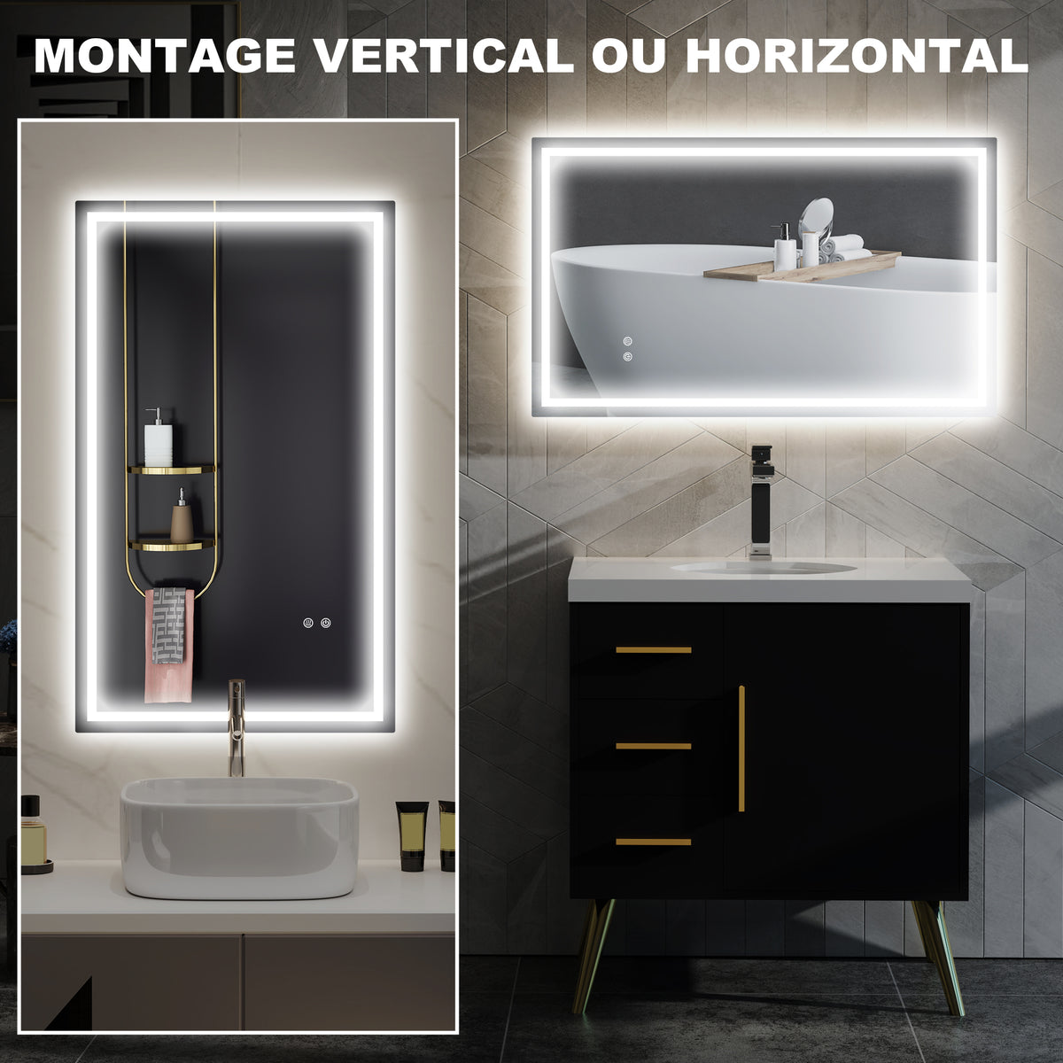 Miroir salle de bain éclairage LED miroir lumineux salle de bain mural interrupteur tactile lumière 3 couleurs 100 x 60 cm