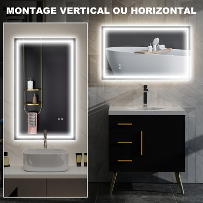 Miroir salle de bain éclairage LED miroir lumineux salle de bain mural interrupteur tactile lumière 3 couleurs 100 x 60 cm