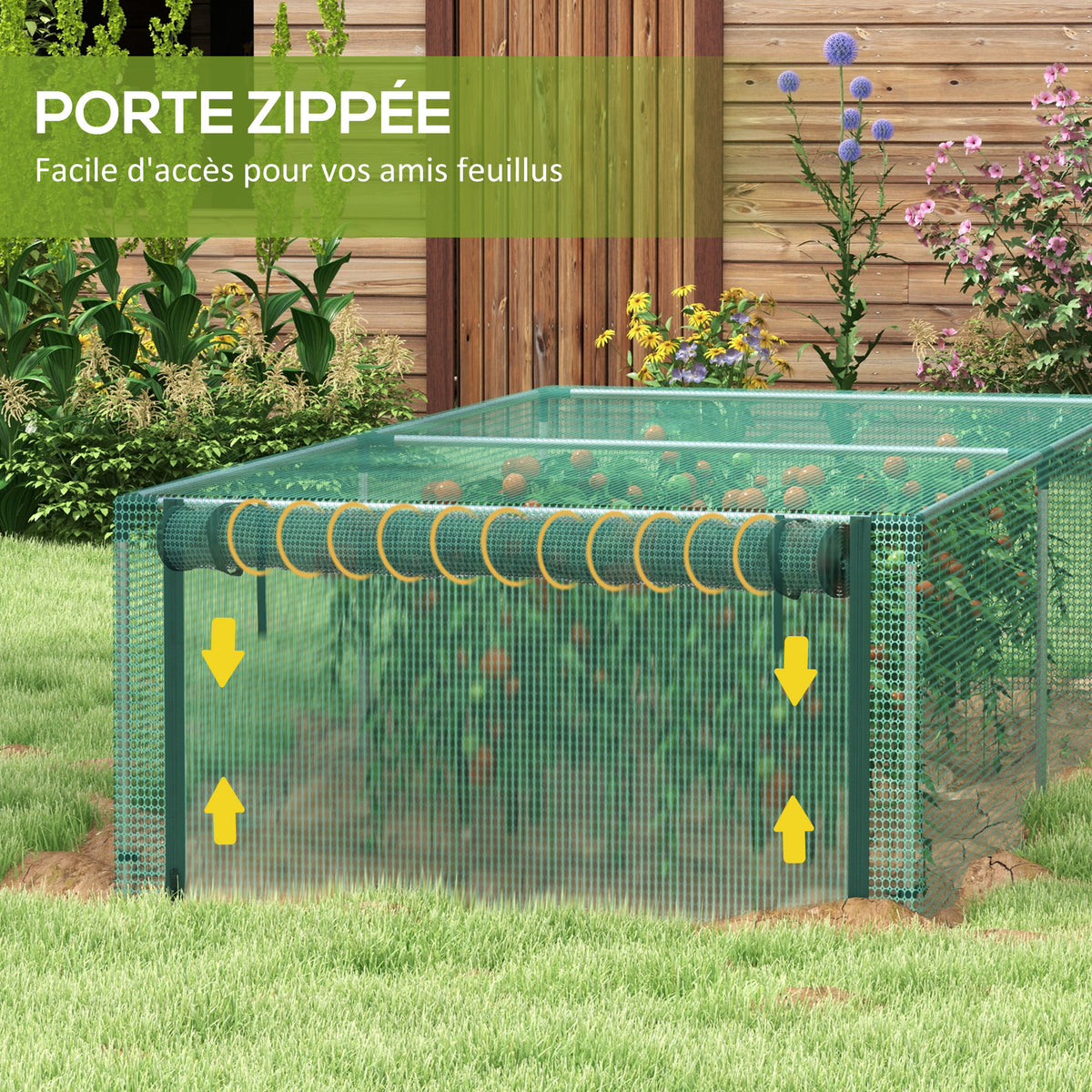 Serre de jardin serre à tomates filet protection porte zippée enroulable HDPE, dim. 125L x 248l x 62,5H cm