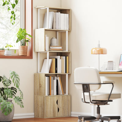 Bibliothèque à 5 niveaux, meuble de rangement avec étagères et placard double porte, 60 x 23,8 x 179,2 cm, bois naturel