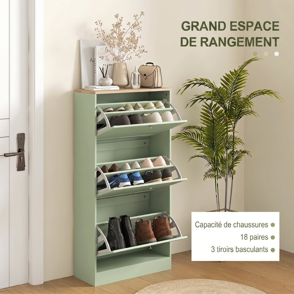 Meuble à Chaussures Style Moderne, 3 Portes Abattantes, 18 Paires de Chaussures, 60 x 23,5 x 115 cm, Vert