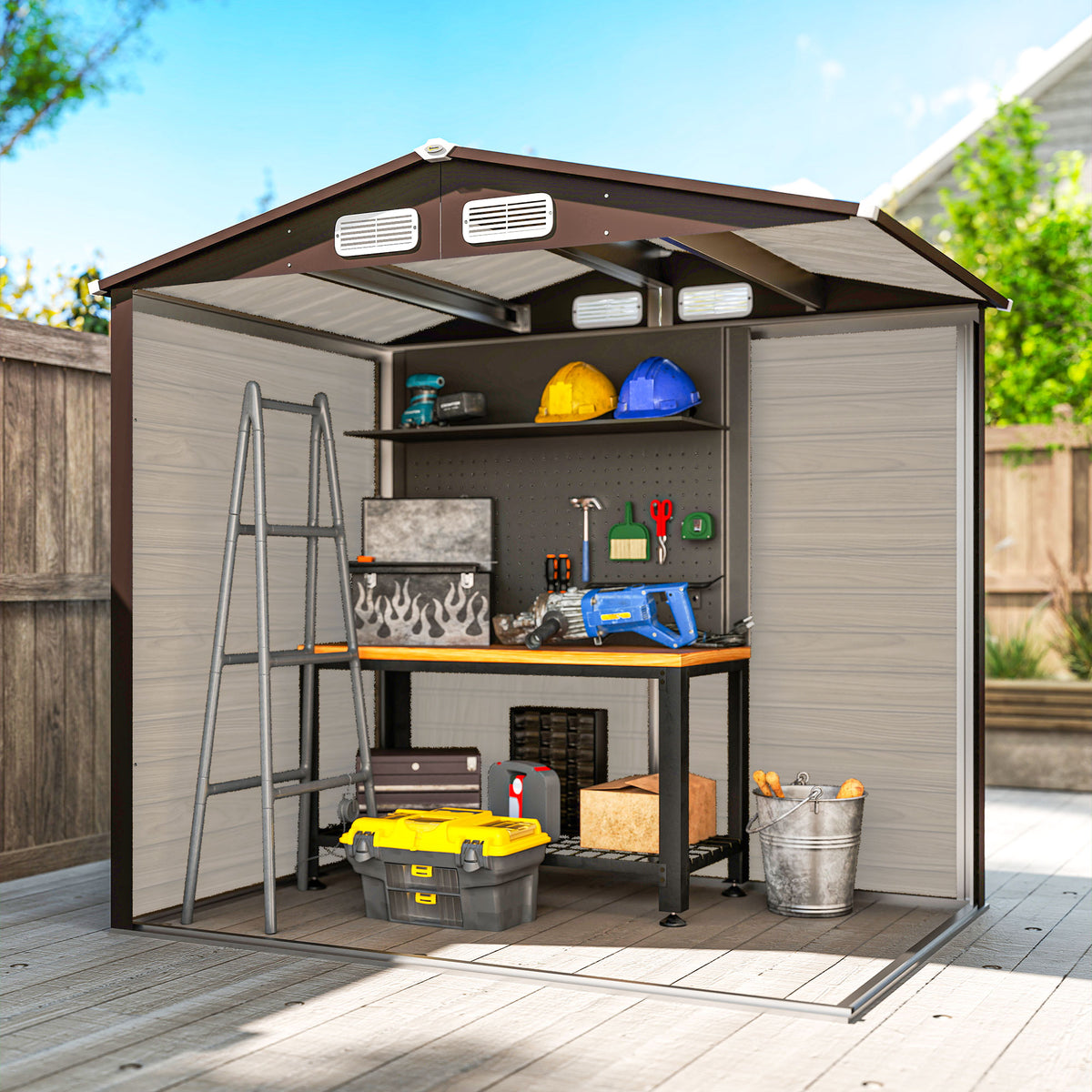 Abri de Jardin 2,27 m² gants inclus porte verrouillable ventilations acier galvanisé 190 x 131 x 188 cm chêne