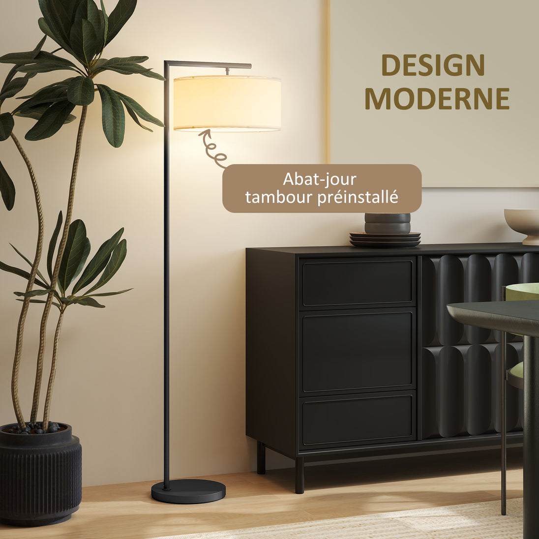 Lampadaire lampe à pied abat-jour en tissu de lin base ronde stable 47 x 37 x 153 cm noir et blanc Aosom