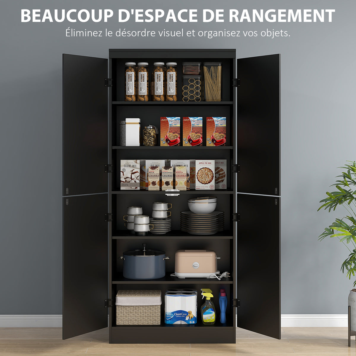 Buffet haut cuisine, armoire de cuisine avec 4 portes à 6 niveaux et étagères réglables, 76 x 40 x 176,7 cm, noir
