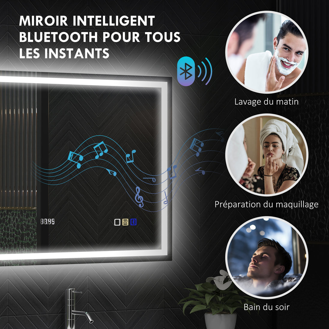 Miroir salle de bain LED bluetooth 80 x 100 cm interrupteur tactile lumière réglable 3 couleurs anti-buée mémoire argent Aosom