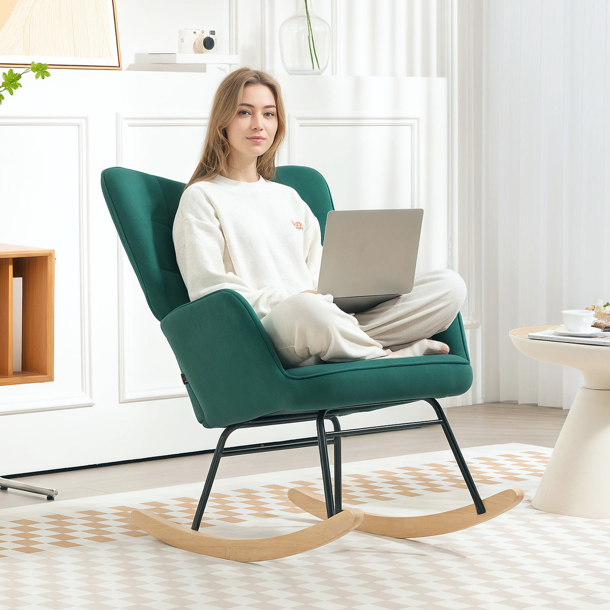 Fauteuil à bascule rocking chair revêtement en velous structure en acier 71 x 98 x 101 cm Vert