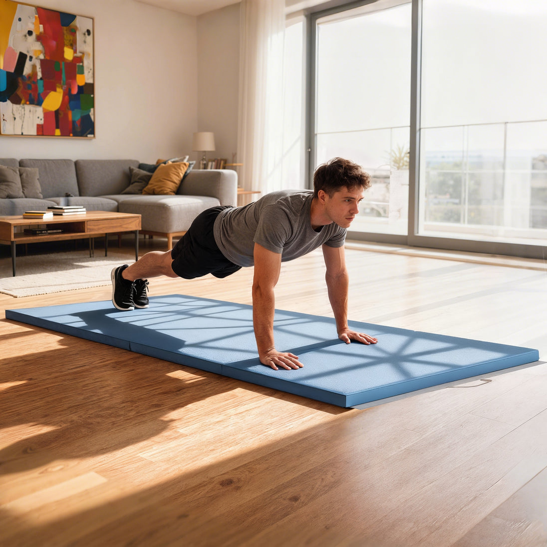 Tapis de gymnastique yoga pilates fitness pliable en 4 avec poignées revêtement synthétique 240 x 120 x 5 cm bleu clair Aosom