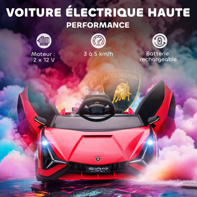 Voiture électrique Enfants de Sport Véhicule électrique Lamborghini Sian 12 V - V. Max. 5 Km/h avec Télécommande 2,4G Effets sonores + Lumineux Rouge