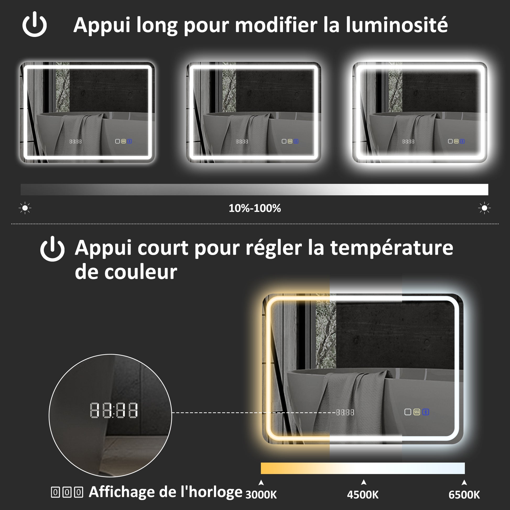 Miroir salle de bain Bluetooth avec éclairage LED 50 x 70 cm, miroir lumineux mural avec horloge, antibuée, argenté