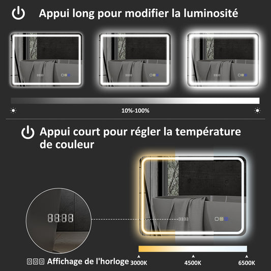 Miroir salle de bain Bluetooth avec éclairage LED 50 x 70 cm, miroir lumineux mural avec horloge, antibuée, argenté