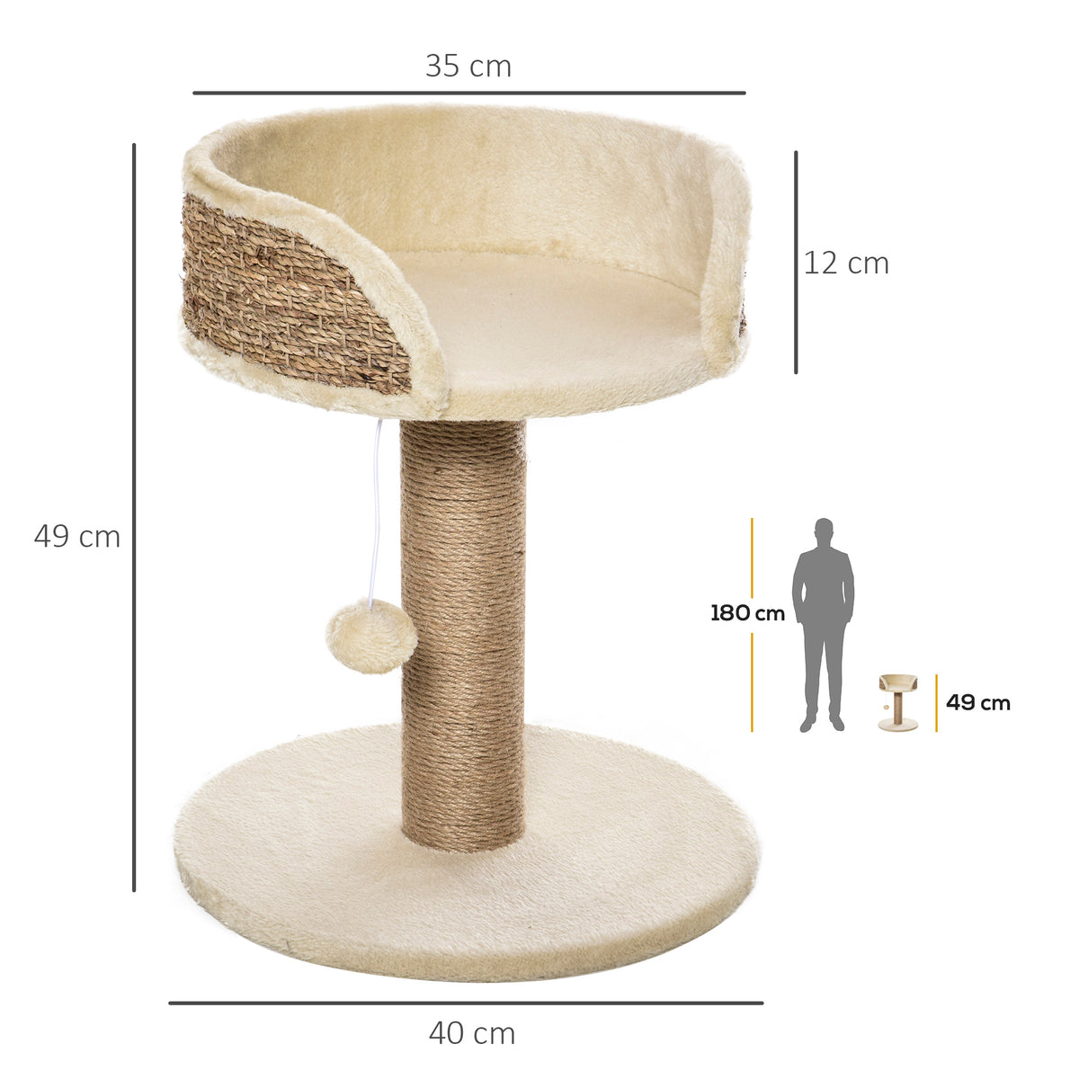 Arbre à chat arbre à grimper grattoir design jeu pompon suspendu + plateforme peluche 40 x 40 x 49 cm sisal beige