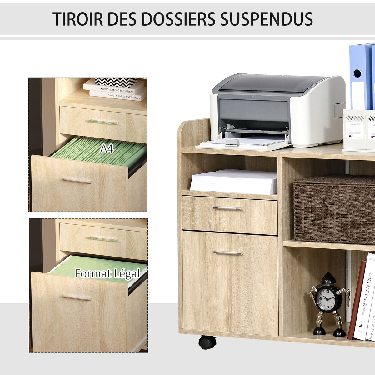 Support d'imprimante - Caisson d'organisation de Bureau Roulant - Dim. 80l x 40P x 72H cm en Bois Chêne clair