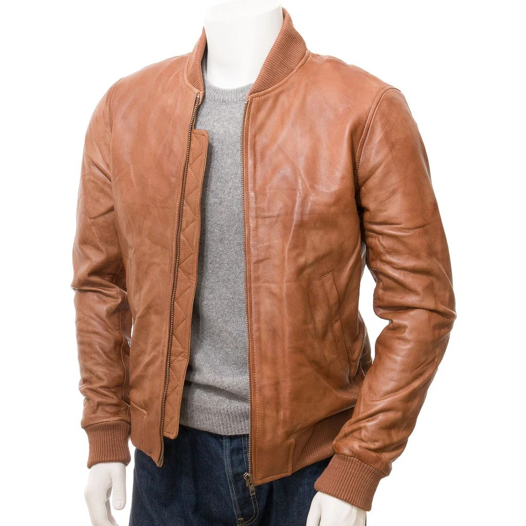 MENS TAN LEATHER BOMBER JACKET BURKE