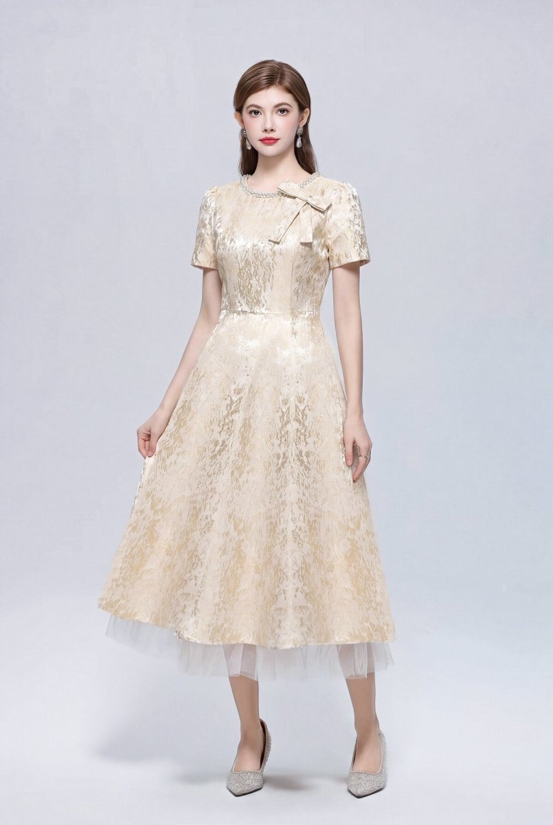 Metallic Jacquard Midi Dress with Pearl Bow Neckline and Tulle Hem