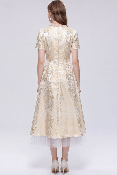 Metallic Jacquard Midi Dress with Pearl Bow Neckline and Tulle Hem