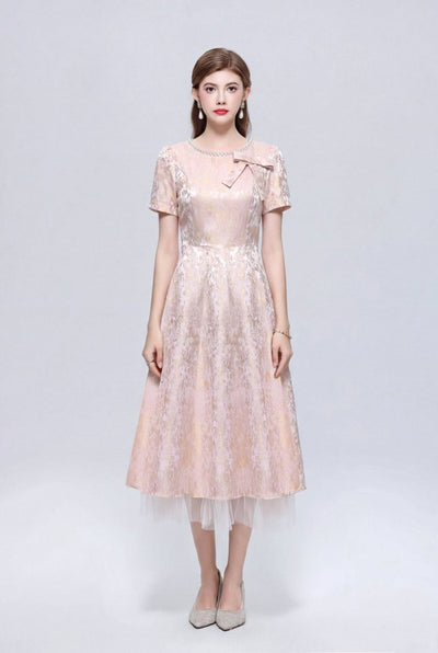Metallic Jacquard Midi Dress with Pearl Bow Neckline and Tulle Hem