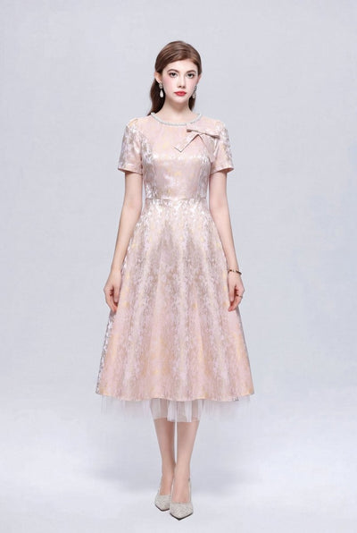 Metallic Jacquard Midi Dress with Pearl Bow Neckline and Tulle Hem