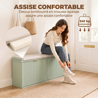 Banc à chaussures avec coussin d'assise rembourré et tiroir rabattable pour couloir, chambre, 104 x 26 x 47,5 cm, vert