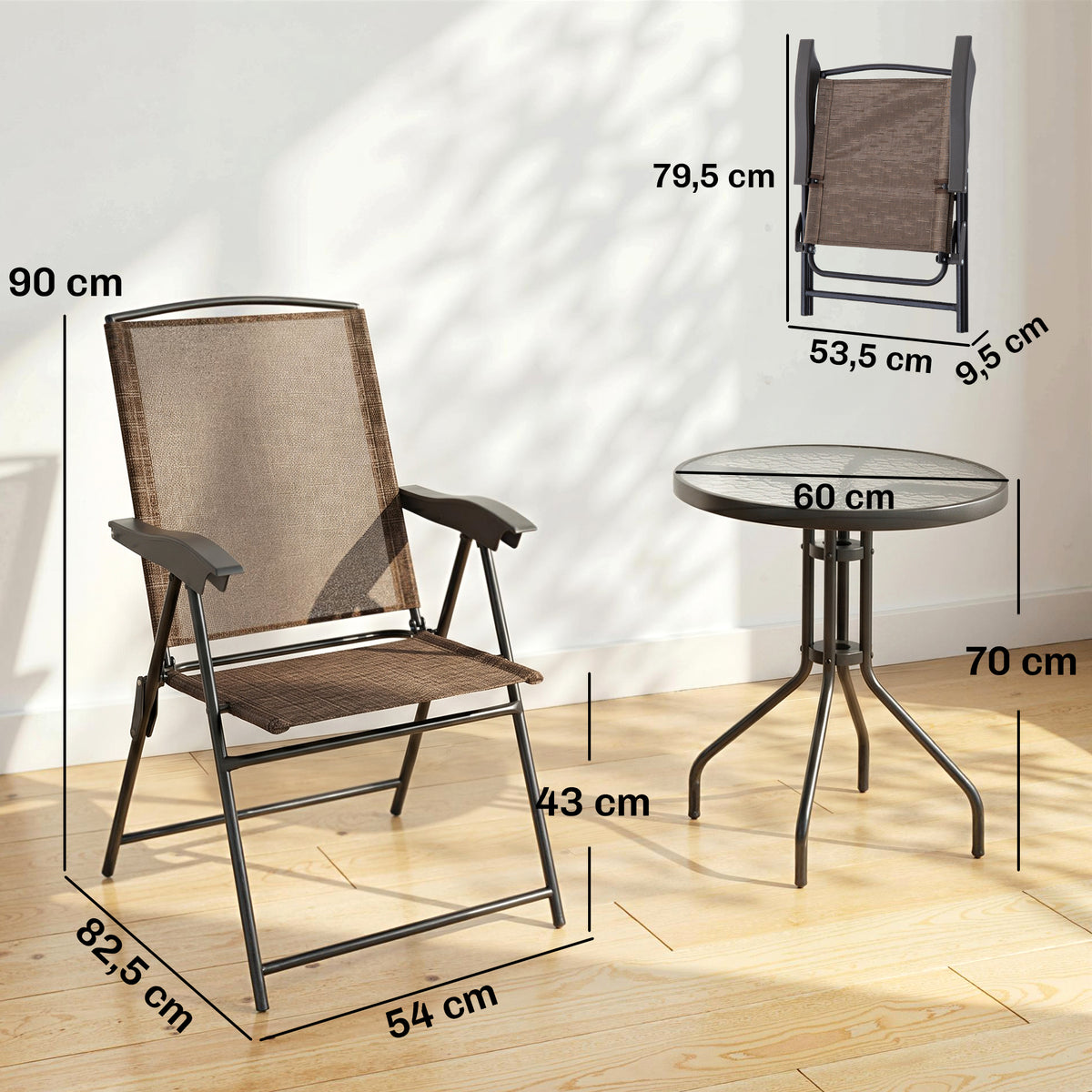 Ensemble de Jardin 3 pièces 2 chaises inclinables Multi-Positions Pliables + Table Ronde Verre trempé métal