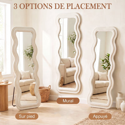 Miroir Pleine Longueur 160 x 60 cm, Miroir Ondulé sur Pied ou Mural, Cadre Effet Velours et Verre Trempé, Crème