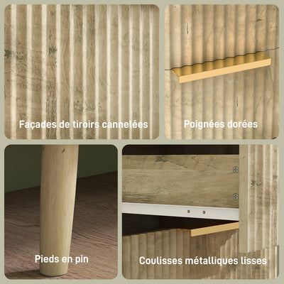 Commode 6 tiroirs scandinave avec poignées et pieds de pin, pour chambre à coucher, salon, couloir, 120x40x76cm, chêne