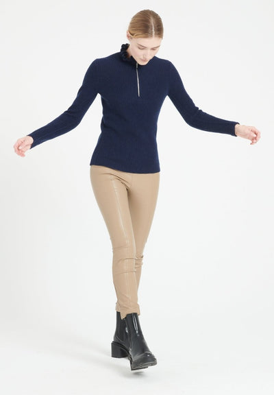 Pull col falbala zippé femme en cachemire bleu marine - MIA 4