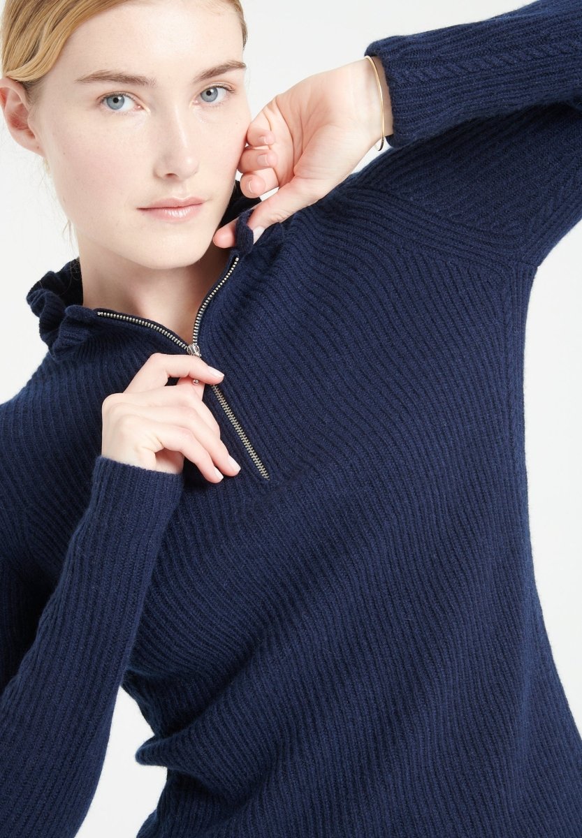 Pull col falbala zippé femme en cachemire bleu marine - MIA 4