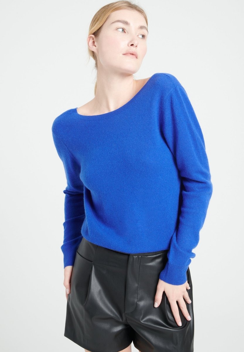 Pull décolleté V dans le dos femme en cachemire bleu roi - MIA 7