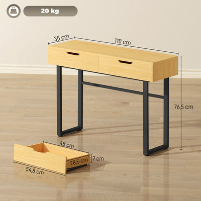 Console meuble 110 cm, table console étroite avec 2 tiroirs, cadre en métal et design sans poignées, bois naturel