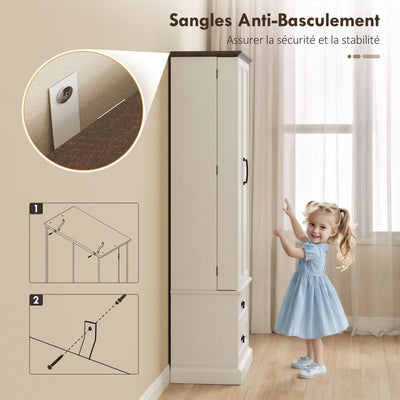 Buffet haut cuisine, armoire de cuisine, LED à capteur, 2 portes, tiroirs et étagères réglables, 76x39,5x183cm, blanc