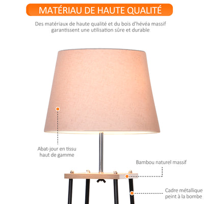 Lampadaire design contemporain dim. 40L x 40l x 160H cm 40 W max. 3 étagères intégrées bois massif pin métal noir lin beige