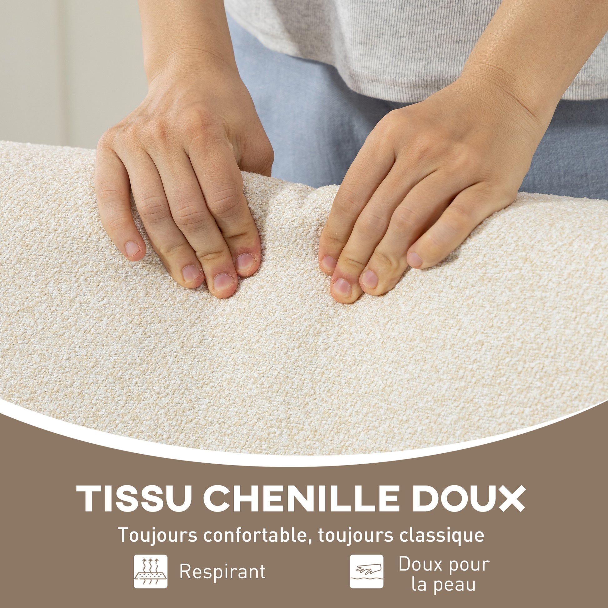 Fauteuil salon en chenille, fauteuil chambre confortable, coussin épais, assise rembourrée, 72 x 73,5 x 81 cm, crème