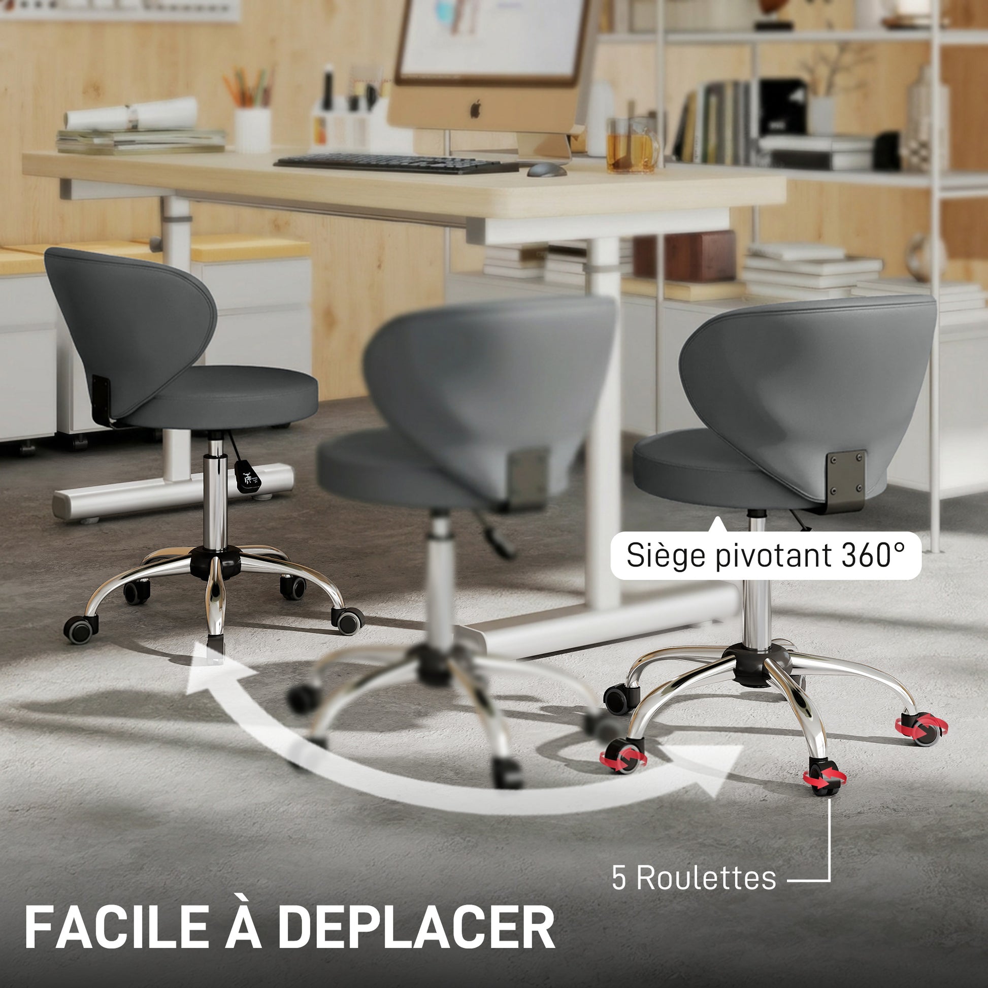 Tabouret à roulettes, tabouret de massage en PU avec hauteur réglable 73-88 cm et dossier, pivotant 360°, gris