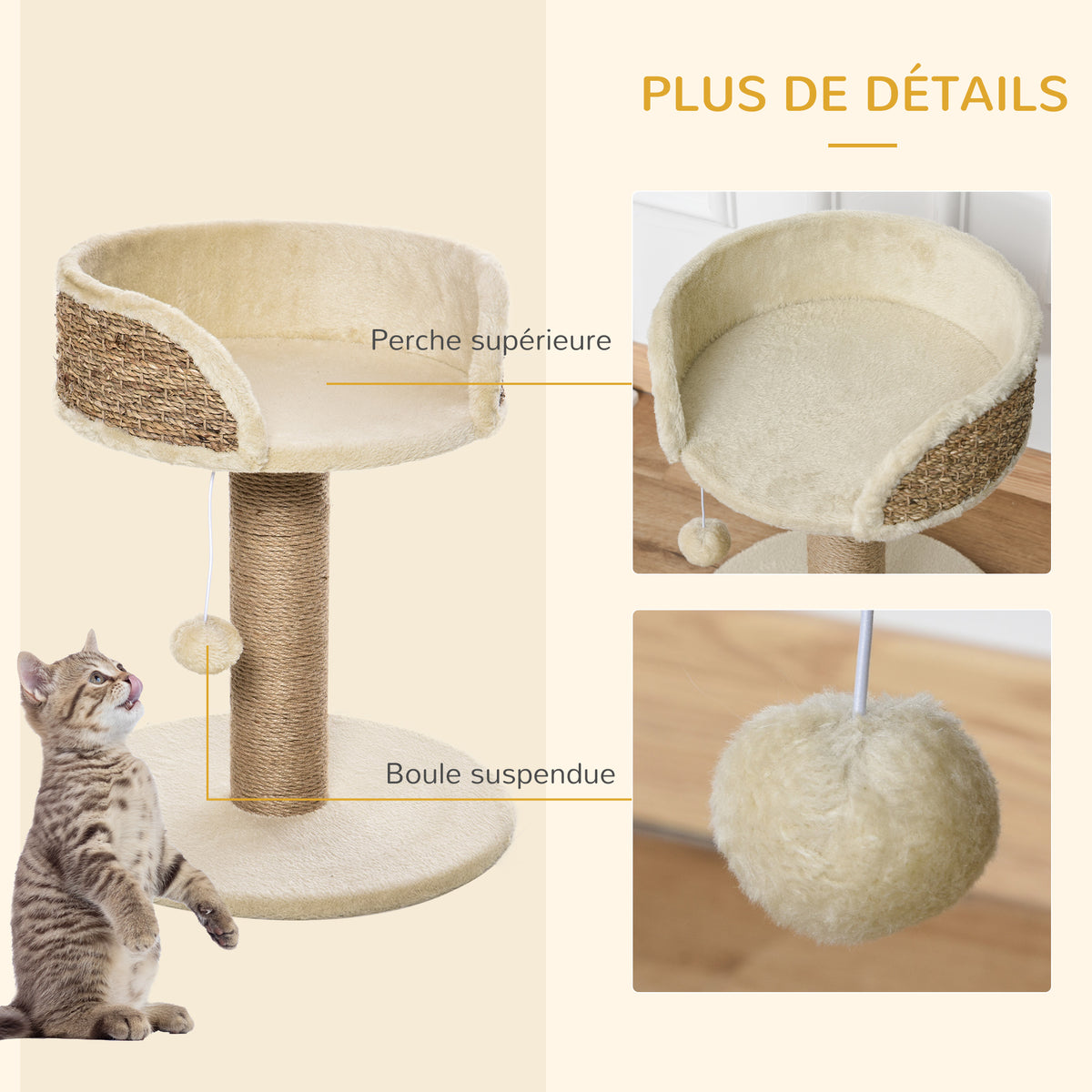 Arbre à chat arbre à grimper grattoir design jeu pompon suspendu + plateforme peluche 40 x 40 x 49 cm sisal beige