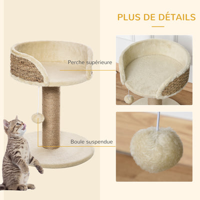 Arbre à chat arbre à grimper grattoir design jeu pompon suspendu + plateforme peluche 40 x 40 x 49 cm sisal beige