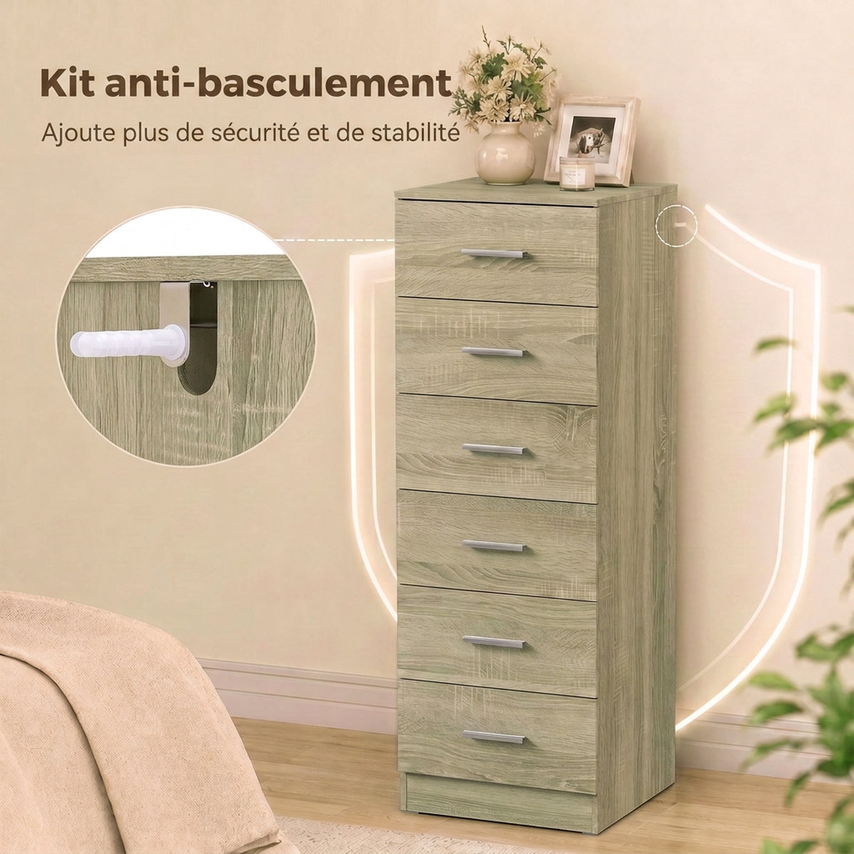 Commode 6 Tiroirs, Meuble de Rangement, Style Moderne, pour Chambre à Coucher, Entrée, Couloir, 40x40x110cm, Chêne