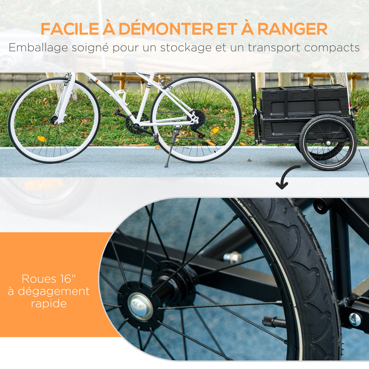 Remorque à vélo avec coffre de rangement amovible et pliable de 65L, réflecteurs de sécurité, charge max. 40KG, noir Aosom