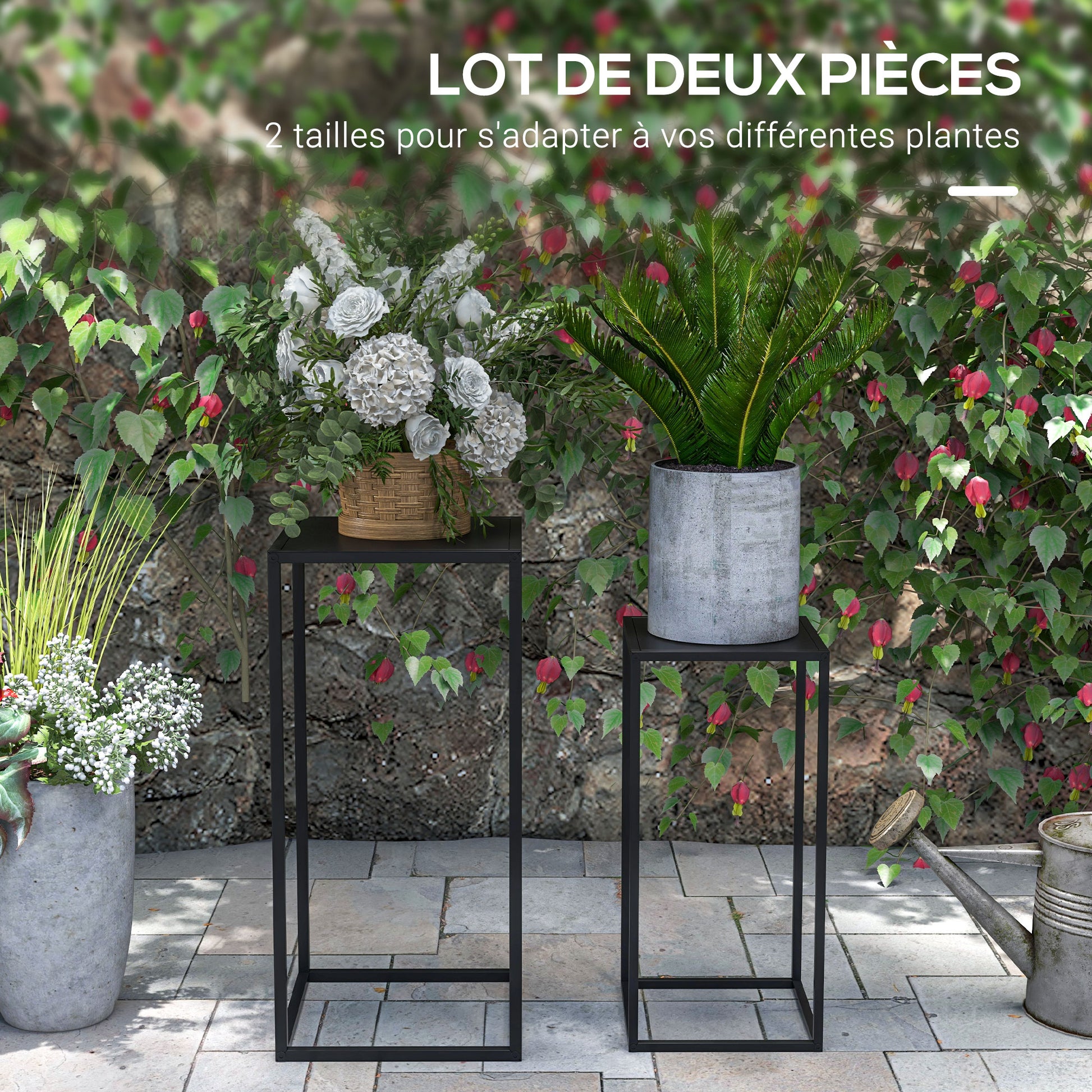 Lot de 2 supports pot de fleurs encastrables 2 hauteurs différentes 58,5 et 65 cm - acier noir