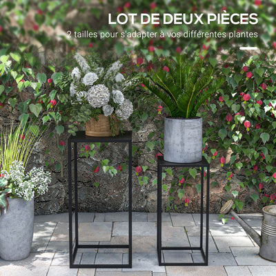 Lot de 2 supports pot de fleurs encastrables 2 hauteurs différentes 58,5 et 65 cm - acier noir