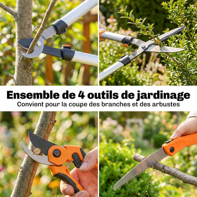 Ensemble de 4 cisailles de jardin avec taille-haies, ébrancheurs, sécateurs et scie pliable, poignée en aluminium