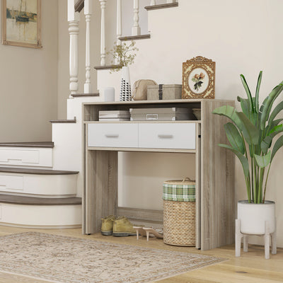 Table console avec plateau coulissant et 2 tiroirs, table de couloir avec rangement, 95l x 35P x 87H cm, aspect chêne